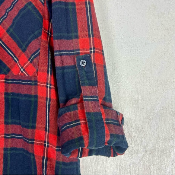 Zara | Trafaluc roll tab long sleeve button up plaid red multicolor shirt top - Picture 7 of 16